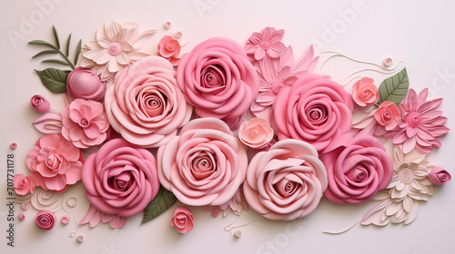 The image displays a lush arrangement of pink roses and petals.