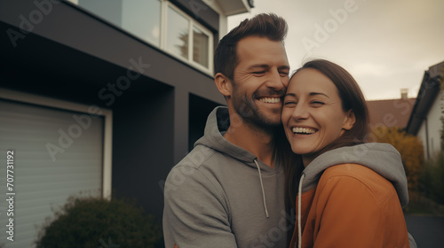The image shows a happy couple embracing in front of a modern home at sunset.