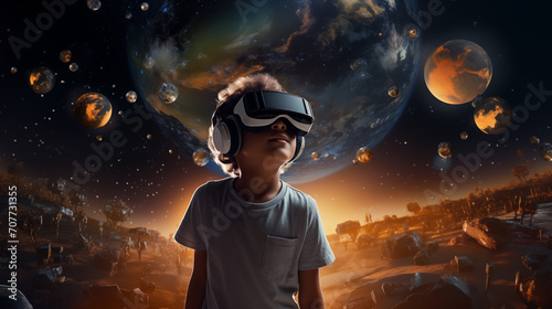 The image depicts a child experiencing virtual reality with a space-themed background.