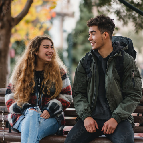 A female college student sitting on a bench and a male college student standing next to her, smiling expressions