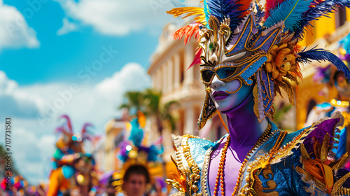 A colorful carnival parade with elaborate costumes and floats.