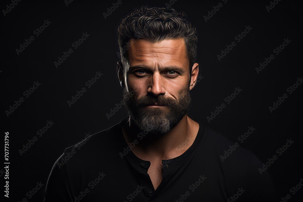 Portrait of a handsome bearded man in a black shirt on a dark background. Portrait of a handsome bearded man in a black shirt on a dark background.