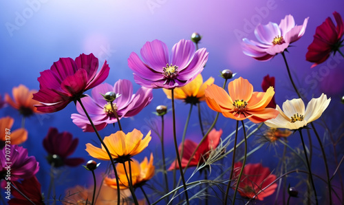 Vibrant Cosmos Flowers Dancing in the Breeze on a Gradient Violet and Blue Background, Depicting Natural Beauty and the Joy of Spring