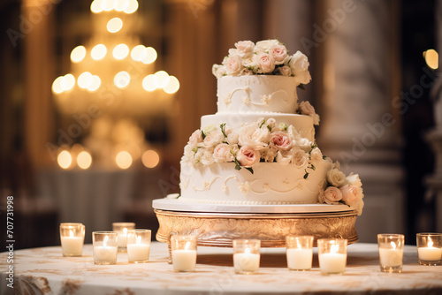 white wedding cake bokeh style background