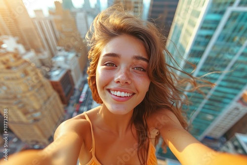 The image captures a cheerful young woman as she takes a selfie from a great height, with a bustling cityscape blurred in the background.