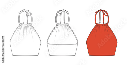 Vector fashion technical drawing of a halter neck top with front and back view. Gathering details at front neck area. Bow knot at center back area. Woven or jersey fabric.