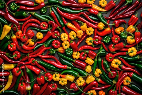 Overhead view of a bowl of assorted red  yellow and green  chilli peppers white view