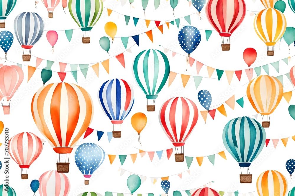 Watercolor  air balloon. Hand drawn vintage air balloons with flags garlands, polka dot pattern and retro design. background for kid banner, baby shower, birthday greeting card white view 