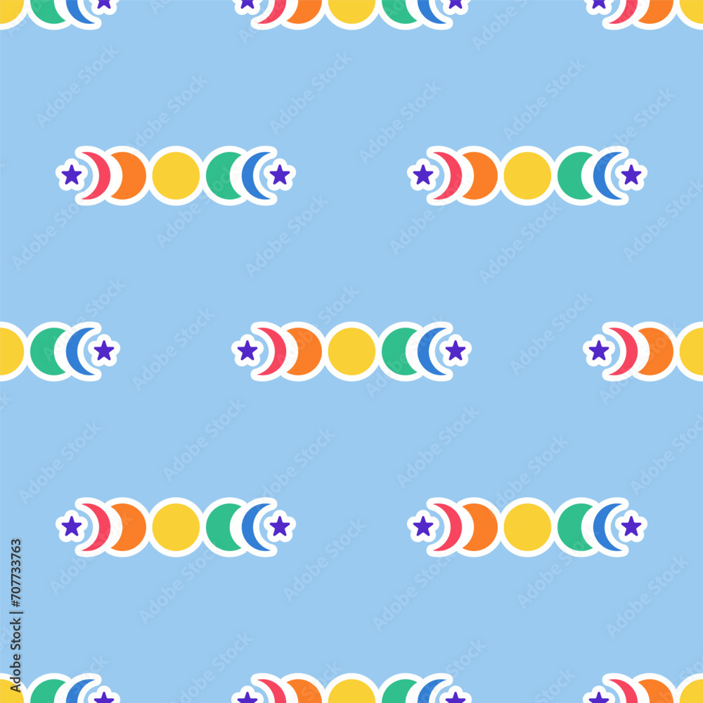 Seamless pattern with Lunar phases and stars in colors of LGBT flag. Rainbow colored lunar cycles sign. NOT A PHASE concept. LGBTQ, LGBT pride community Symbol. Vector illustration.
