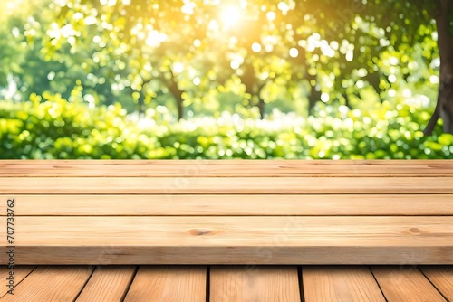 Empty wood plank table top with blur park green nature background bokeh light, Mock up for display 