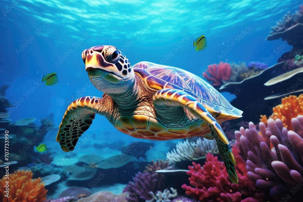 Obraz premium Vibrant Sea Turtle Gliding Through a Coral Paradise in the Depths of the Ocean. Generative AI