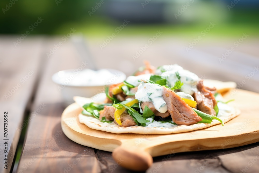 gyros pita with tzatziki close-up on a rustic wooden board gyros pita with tzatziki close-up on a rustic wooden board