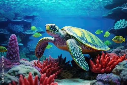 Vibrant Sea Turtle Gliding Through a Coral Paradise in the Depths of the Ocean. Generative AI