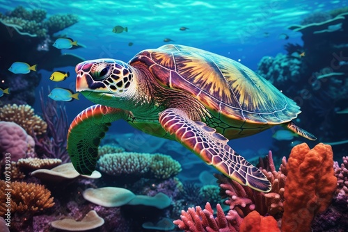 Vibrant Sea Turtle Gliding Through a Coral Paradise in the Depths of the Ocean. Generative AI © Gelpi