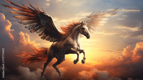 Flying horse with wings in the sky at sunset
