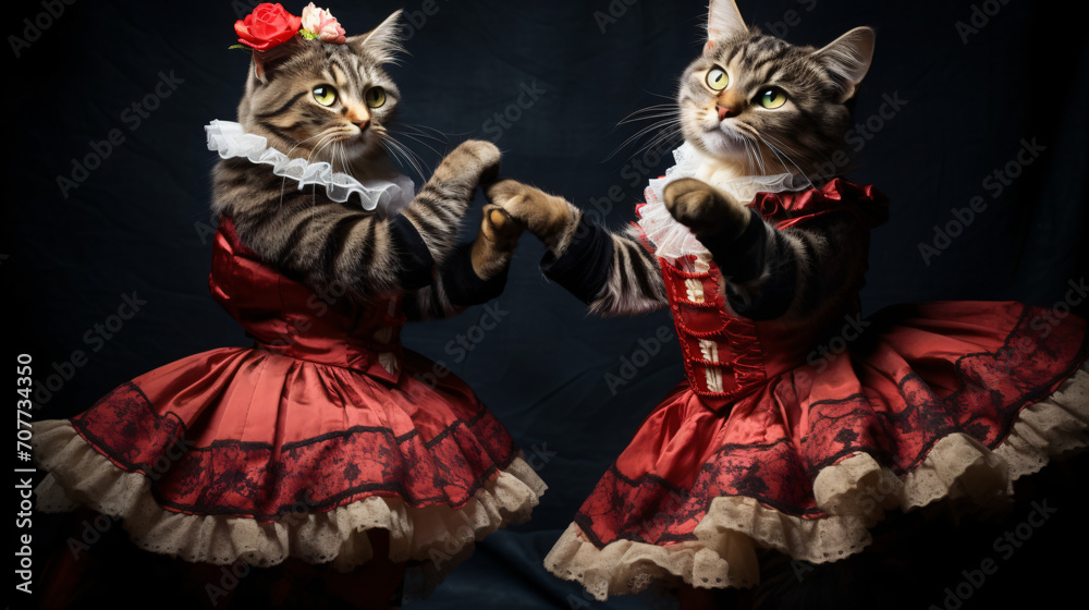 Festive Dance of Two Dressed Up Tabby Cats