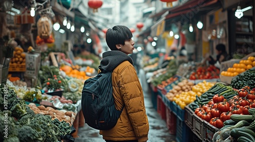 A young Chinese person is strolling around the vegetable market. Generative AI. photo
