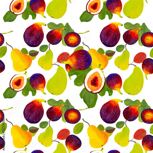 Fototapeta Naklejka Na Ścianę i Meble -  Figs and pears fruits and leaves - seamless pattern. Watercolor background illustrations for greeting cards, fabric, kitchen textiles, wallpaper or wrapping paper