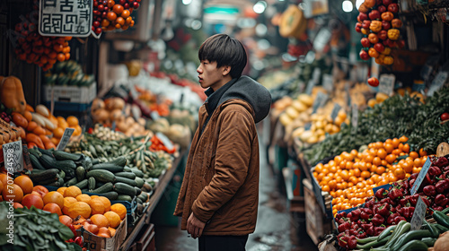 A young Chinese person is strolling around the vegetable market. Generative AI. © visoot