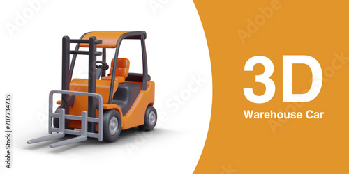 Poster with cargo loader in orange colors. Pallet stacker truck equipment. Concept of warehouse car. Modern transport for delivery. Vector illustration in 3D style with place for text