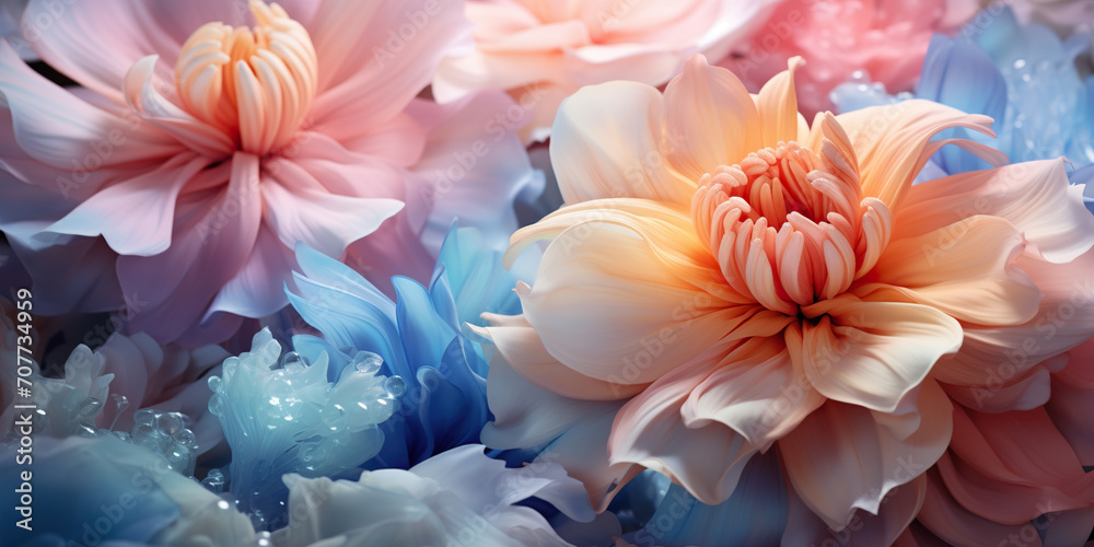 Fondo de pantalla abstracto, diseño y patrón de flores coloridas en tonos pastel. Ornamento, naturaleza en primavera. - obrazy, fototapety, plakaty 