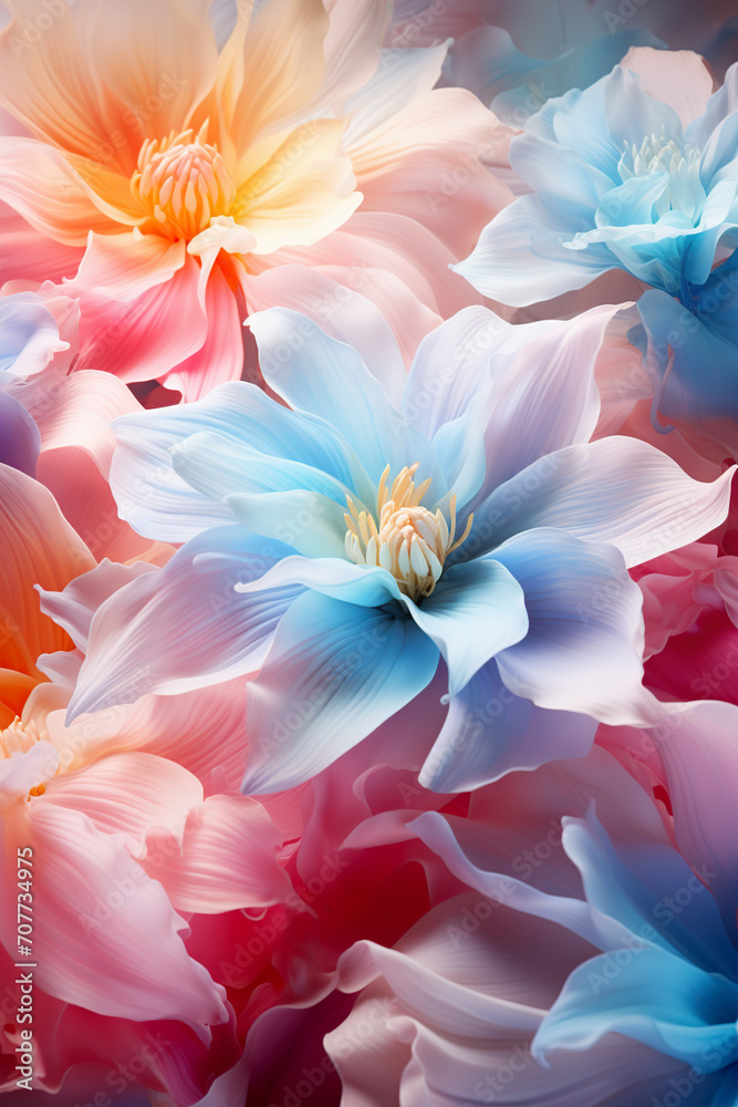 Fondo de pantalla abstracto, diseño y patrón de flores coloridas en tonos pastel. Ornamento, naturaleza en primavera.