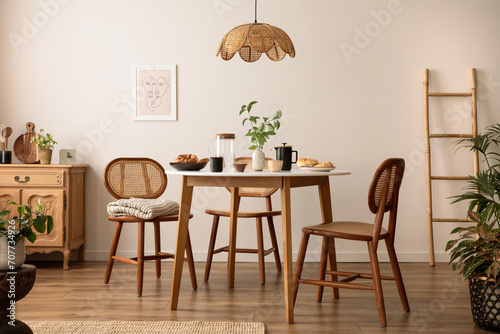 Interior design of dining room with round table, rattan chair, wooden commode, poster and kitchen accessories. Beige wall with mock up poster. Home decor. Template. photo