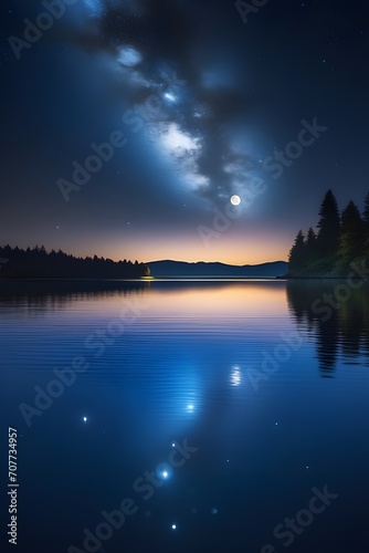 A wide-angle shot of a starry night sky over a tranquil lakeshore, with the reflection of the stars and moon shimmering on the water's surface, generative AI, background image
