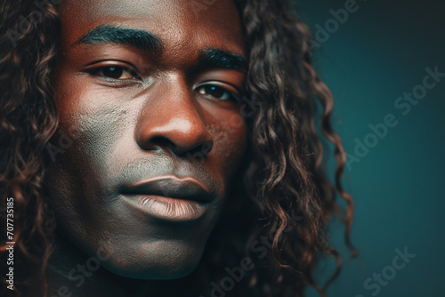 Dark skin man with curly hair. 