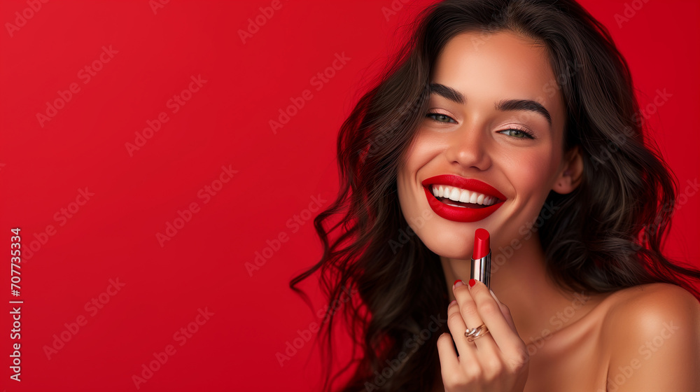 makeup woman brush lips lipstik on studio background makeup woman brush lips lipstik on studio background