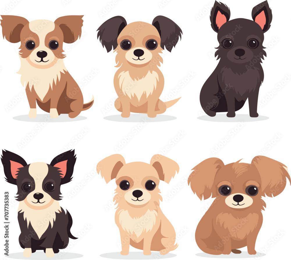 Five cute cartoon chihuahuas are displayed in a clear vector illustration