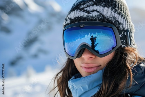 Winter sports studio portrait of a young Latina woman in ski attire, with ski goggles, isolated on a snowy mountain backdrop