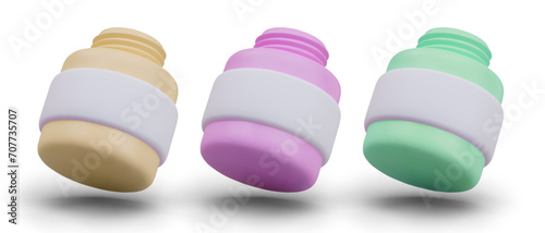 Set of yellow, pink, and green open bottles for liquid cosmetic products. Beauty cosmetics for females. Vector illustration in 3d style with shadow and white background