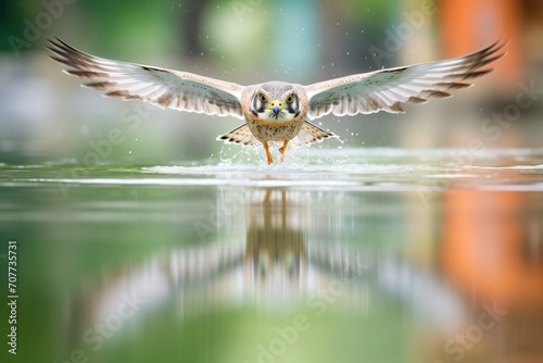 kestrel hovering by water reflection photo
