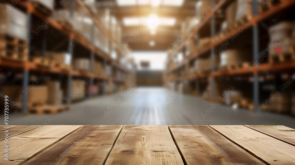 The empty wooden table top with blur background of warehouse storage. Exuberant image. generative The empty wooden table top with blur background of warehouse storage. Exuberant image. generative