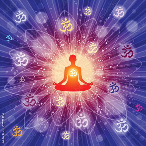 Yoga. Person relaxing in lotus pose. Meditation. International yoga day web banner. Yoga pose in a flat design. Om or Aum Indian sacred sound. Sun Sunburst Pattern. Galactic space.