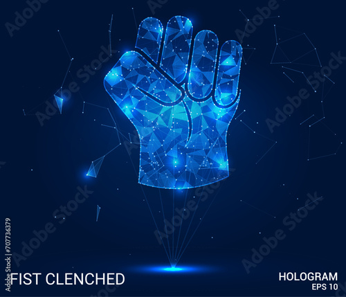 A hologram of a clenched fist. A clenched fist of polygons, triangles of dots and lines. The arm is raised up by a low-poly joint structure. Technology concept vector.