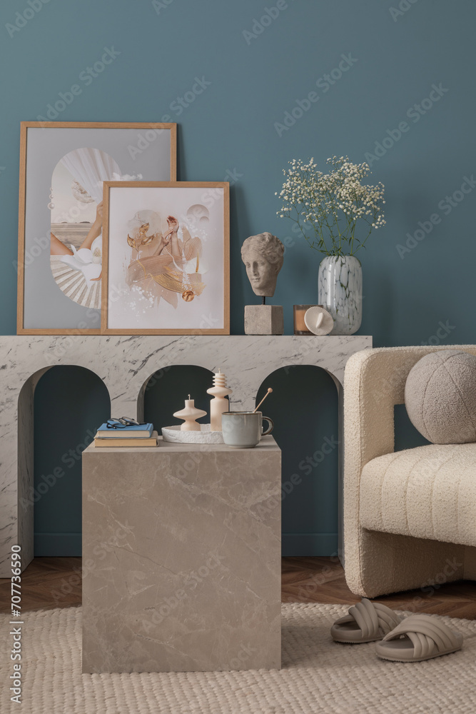 Φωτογραφία Interior design of aesthetic living room with mock up poster frame, marble console, stylish armchair, pillow, marble lamp, sculpture, blue wall, rug and personal accessories