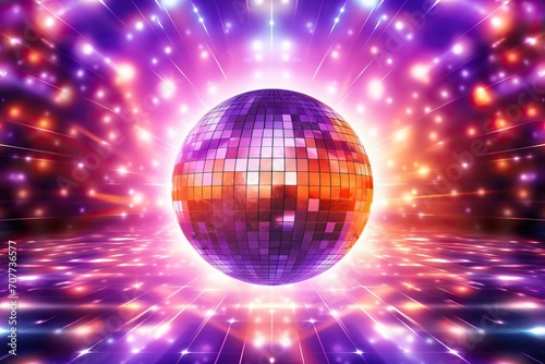 Disco or mirror ball with rainbow on colorful background with lights and sparkles. Music and dance party background. Trendy party symbol. Abstract retro 80s and 90s concept