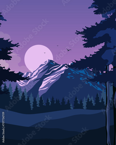 Night landscape, winter, forest, wallpaper, vertical banner, poster