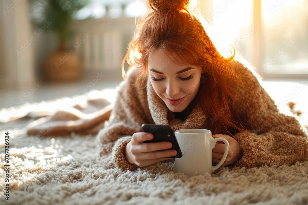 Redhead woman sitting by the fireplace in white sweater, drinking coffee in cozy home. Redhead woman sitting by the fireplace in white sweater, drinking coffee in cozy home.