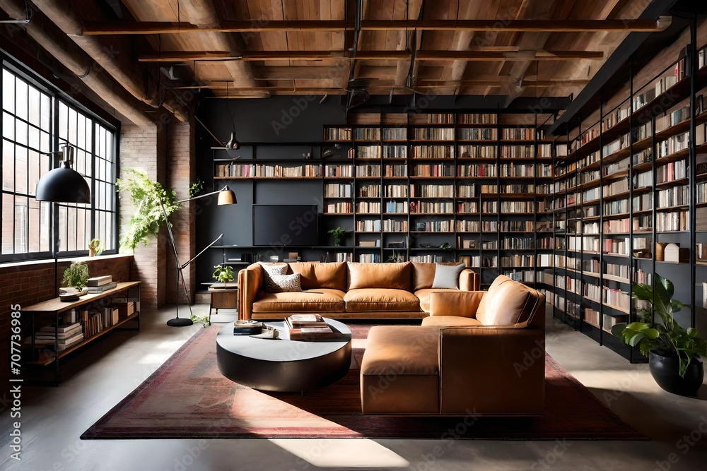 bright and cozy loft industrial-styled living room, featuring an armchair and a bookshelf.