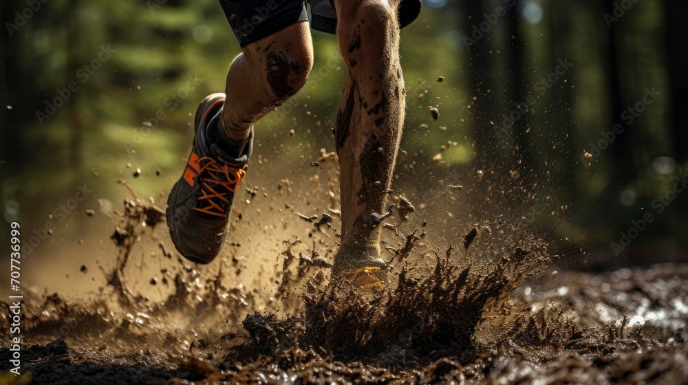 Person running in the forest. Runners who run in the forest have a lot of mud splashing on their shoes. Trail running - obrazy, fototapety, plakaty 