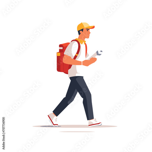 A man in casual attire with a backpack is walking briskly while holding a ticket in this vector illustration.
