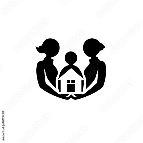 family of two mothers and a child icon on with house, edit vector. gay, lgtbq+, lesbian, rainbow, pride