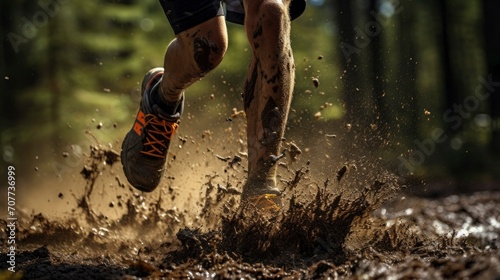 Person running in the forest. Runners who run in the forest have a lot of mud splashing on their shoes. Trail running