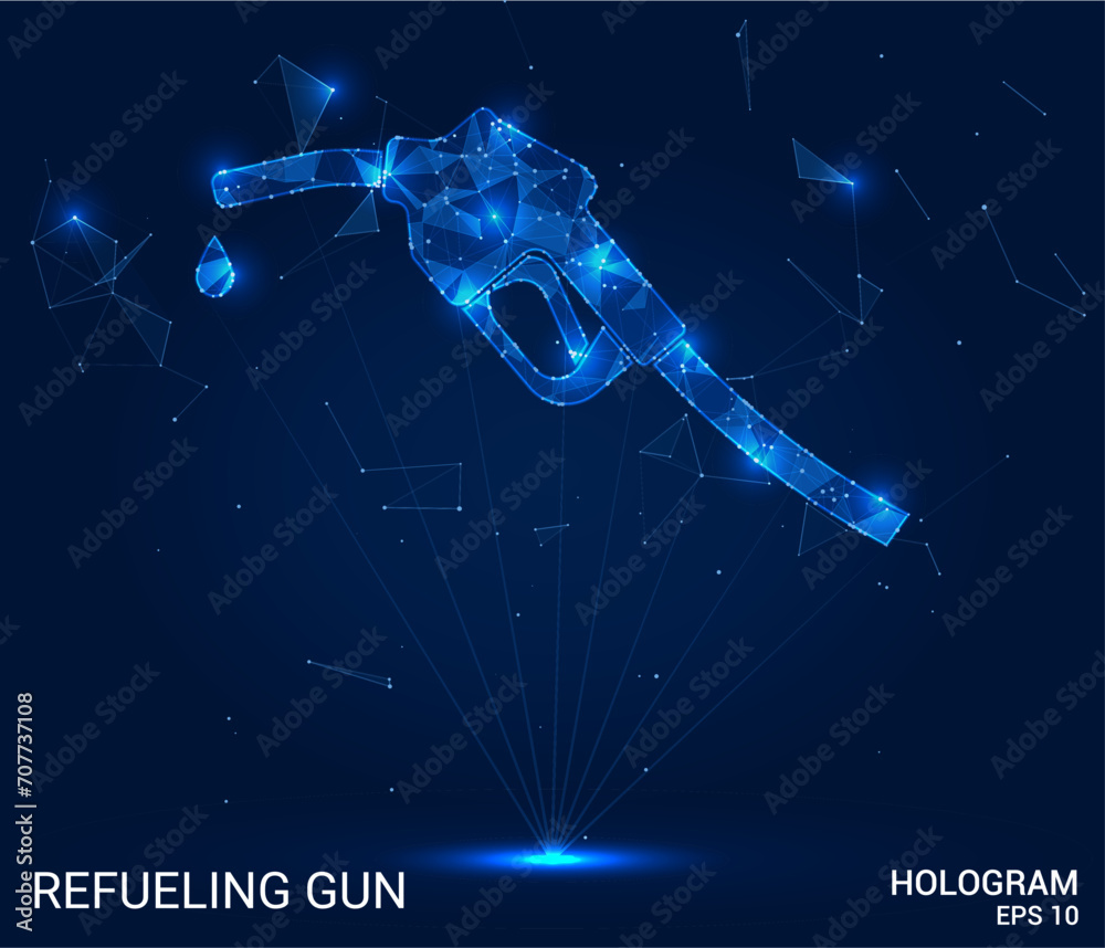 Hologram refueling gun. A refueling gun made of polygons, triangles of dots and lines. The filling gun has a low-poly compound structure. Technology concept vector.