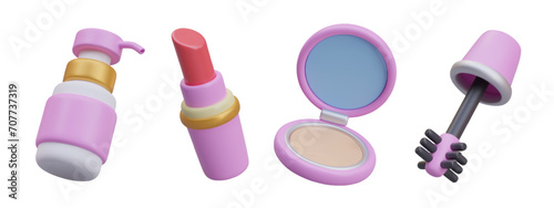 3D spray bottle, red lipstick, powder box with mirror, mascara brush. Illustrations for online cosmetics store. Concept of applying makeup. Templates for blog, website, advertising