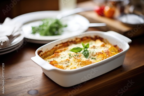 fresh lasagna in baking dish with melted cheese top