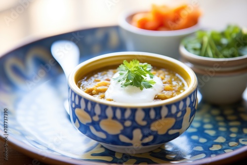 ceramic bowl of lentil soup with a dollop of cream